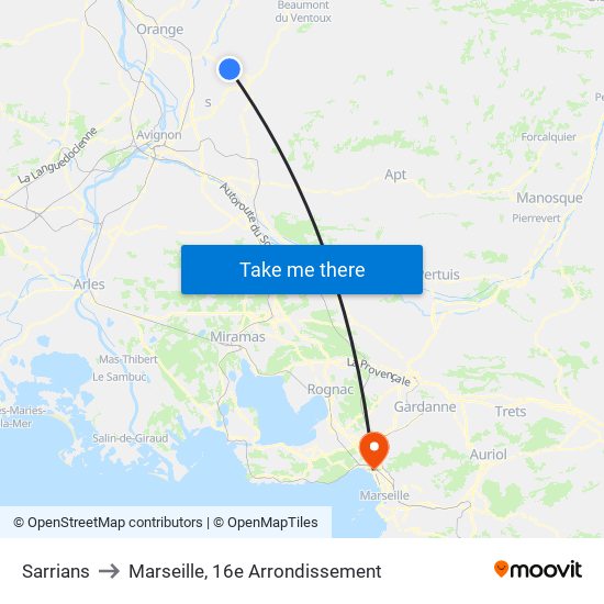Sarrians to Marseille, 16e Arrondissement map