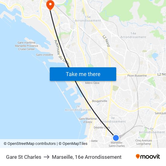 Gare St Charles to Marseille, 16e Arrondissement map