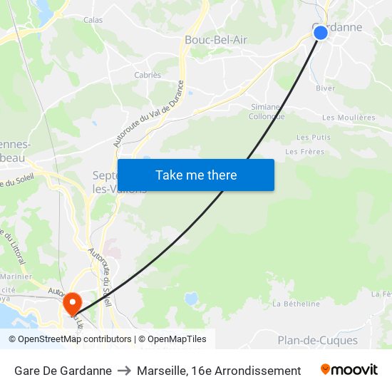 Gare De Gardanne to Marseille, 16e Arrondissement map