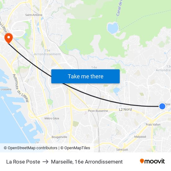 La Rose Poste to Marseille, 16e Arrondissement map