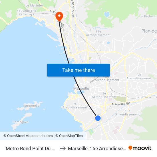 Métro Rond Point Du Prado to Marseille, 16e Arrondissement map