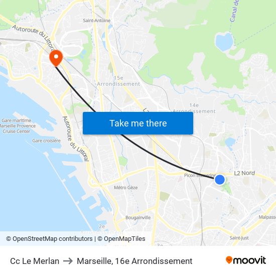 Cc Le Merlan to Marseille, 16e Arrondissement map