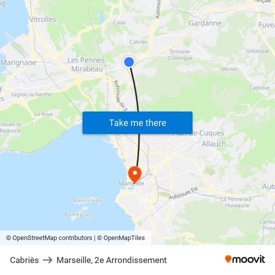 Cabriès to Marseille, 2e Arrondissement map