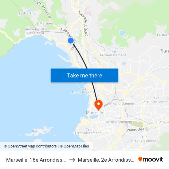 Marseille, 16e Arrondissement to Marseille, 2e Arrondissement map