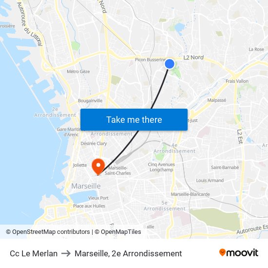 Cc Le Merlan to Marseille, 2e Arrondissement map