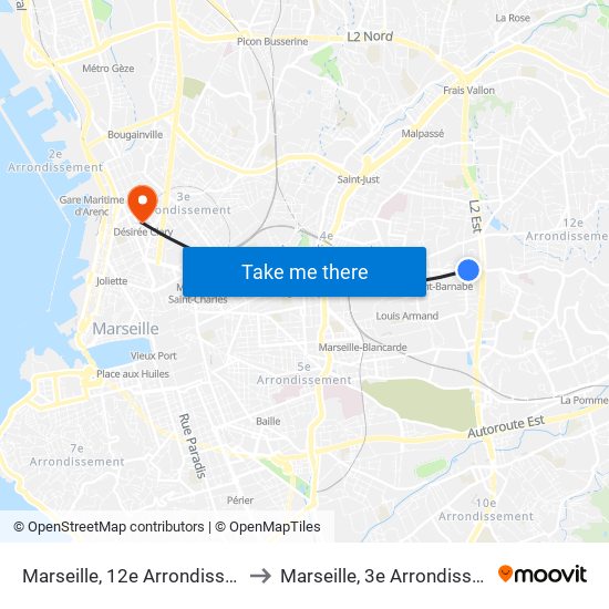Marseille, 12e Arrondissement to Marseille, 3e Arrondissement map
