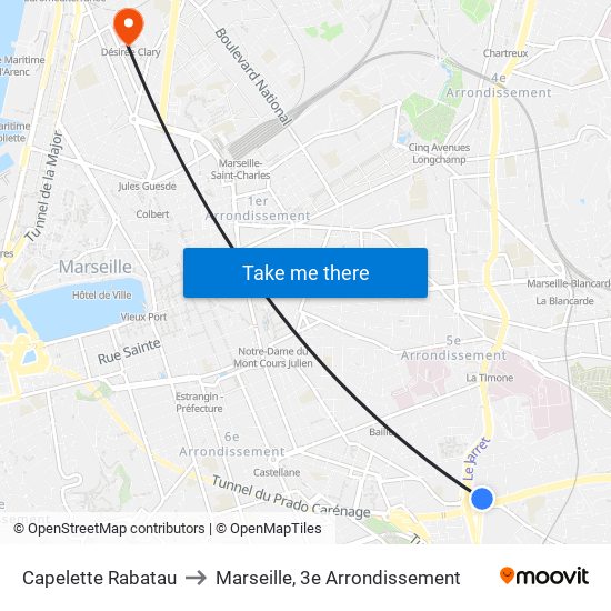 Capelette Rabatau to Marseille, 3e Arrondissement map