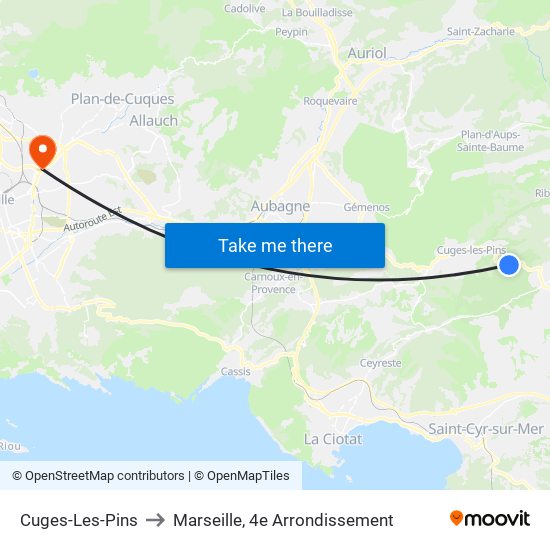 Cuges-Les-Pins to Marseille, 4e Arrondissement map
