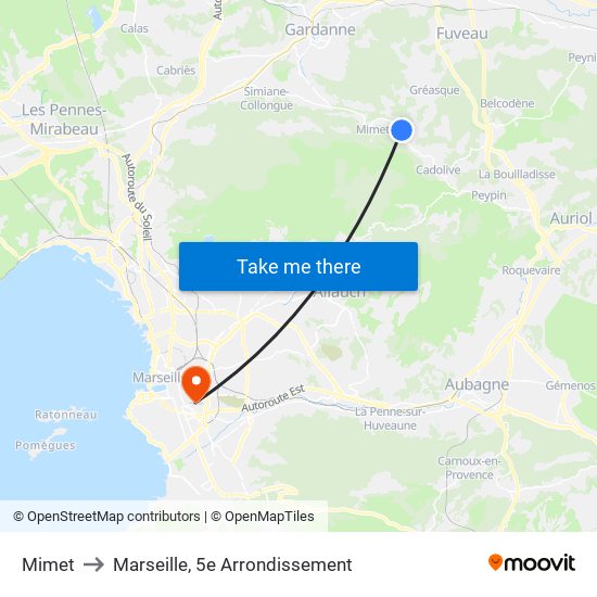 Mimet to Marseille, 5e Arrondissement map