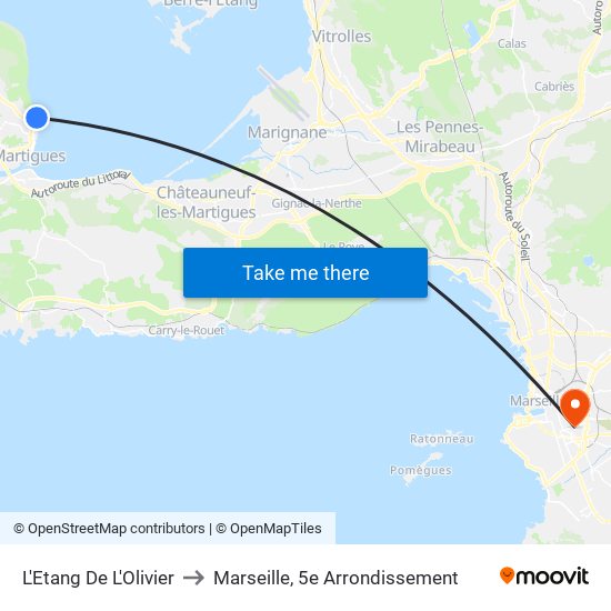 L'Etang De L'Olivier to Marseille, 5e Arrondissement map
