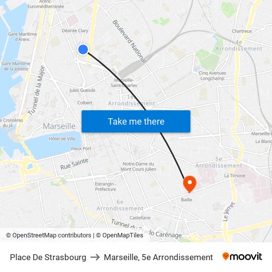 Place De Strasbourg to Marseille, 5e Arrondissement map