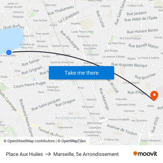 Place Aux Huiles to Marseille, 5e Arrondissement map