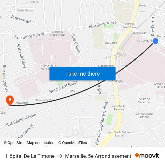 Hôpital De La Timone to Marseille, 5e Arrondissement map