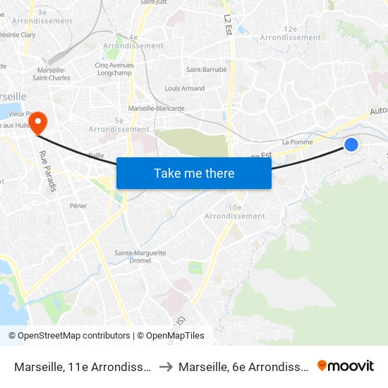 Marseille, 11e Arrondissement to Marseille, 6e Arrondissement map