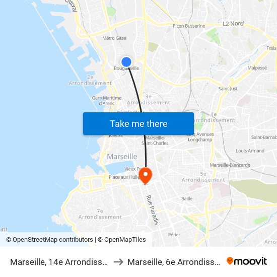 Marseille, 14e Arrondissement to Marseille, 6e Arrondissement map