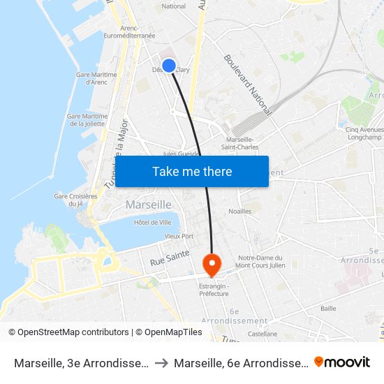 Marseille, 3e Arrondissement to Marseille, 6e Arrondissement map