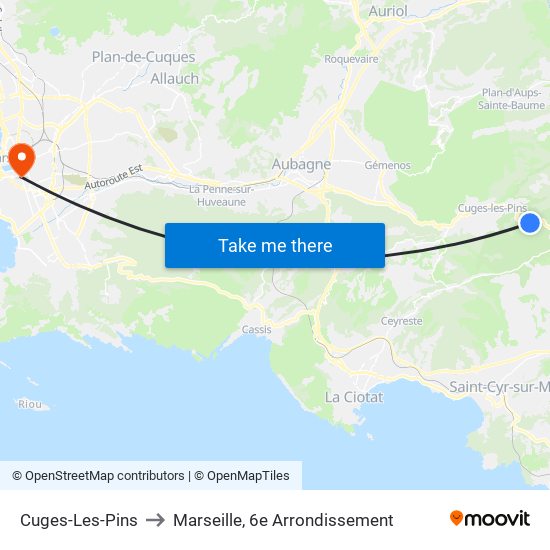 Cuges-Les-Pins to Marseille, 6e Arrondissement map