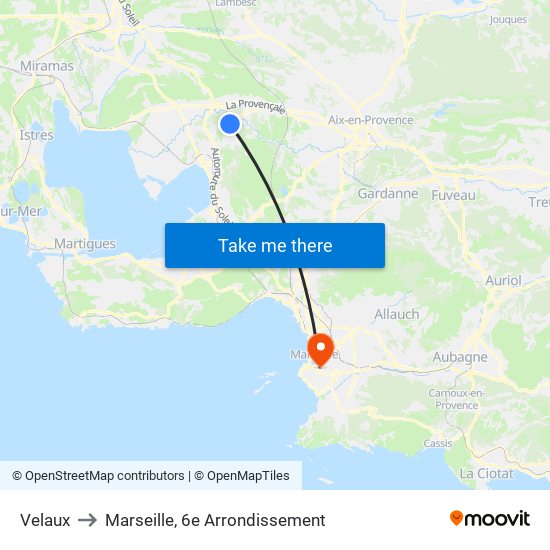 Velaux to Marseille, 6e Arrondissement map