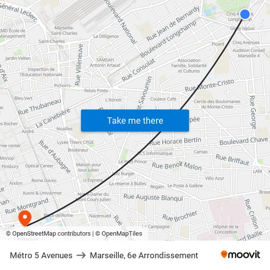 Métro 5 Avenues to Marseille, 6e Arrondissement map