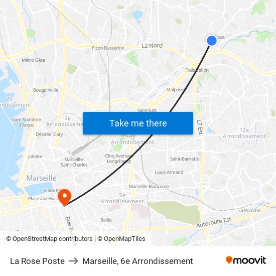 La Rose Poste to Marseille, 6e Arrondissement map