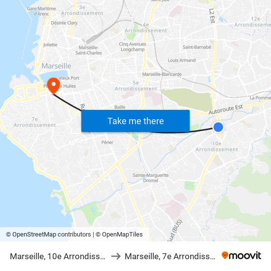Marseille, 10e Arrondissement to Marseille, 7e Arrondissement map