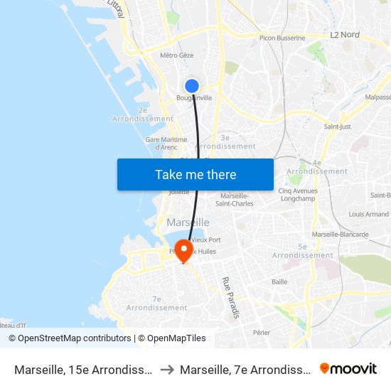 Marseille, 15e Arrondissement to Marseille, 7e Arrondissement map