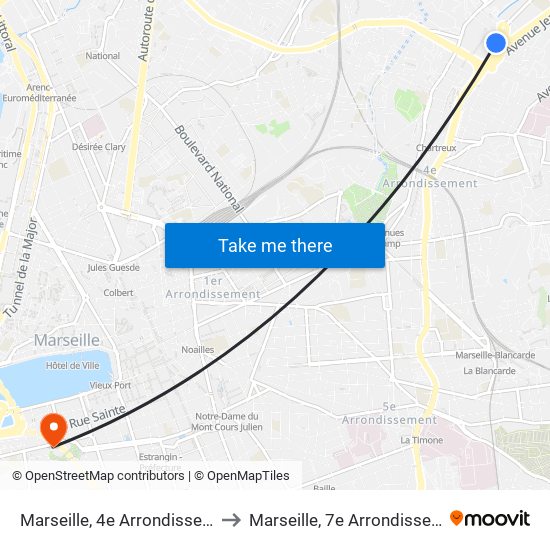 Marseille, 4e Arrondissement to Marseille, 7e Arrondissement map