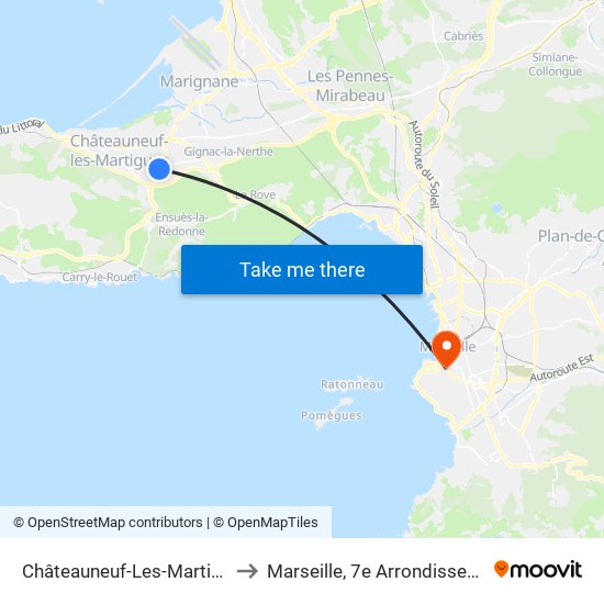 Châteauneuf-Les-Martigues to Marseille, 7e Arrondissement map