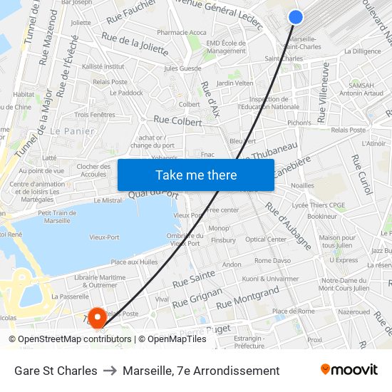 Gare St Charles to Marseille, 7e Arrondissement map