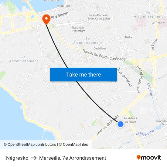 Négresko to Marseille, 7e Arrondissement map