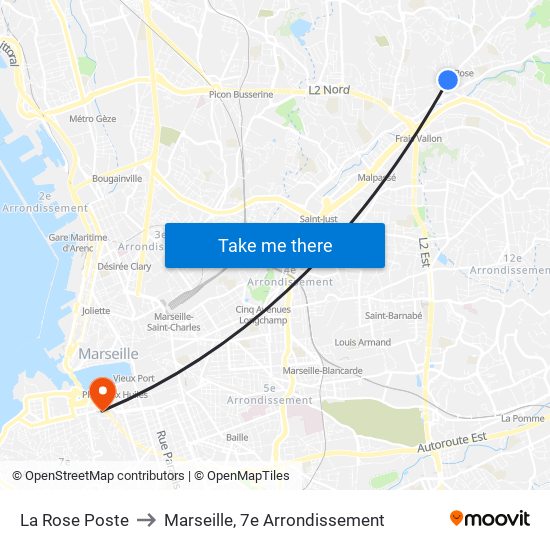 La Rose Poste to Marseille, 7e Arrondissement map