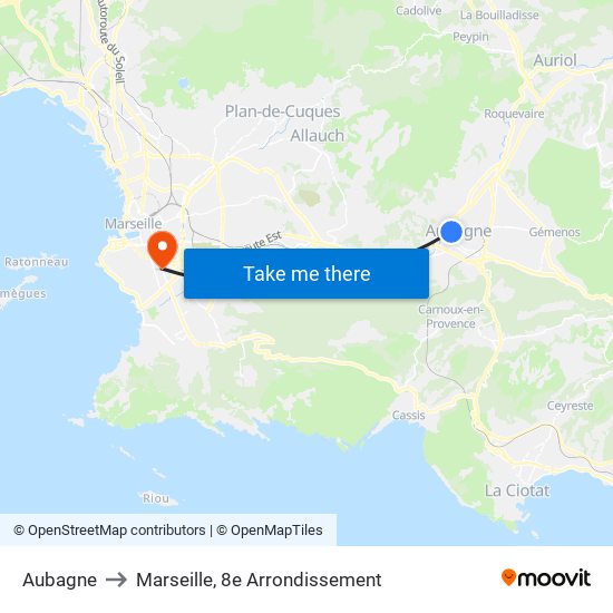 Aubagne to Marseille, 8e Arrondissement map