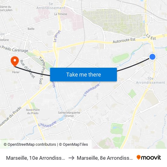 Marseille, 10e Arrondissement to Marseille, 8e Arrondissement map