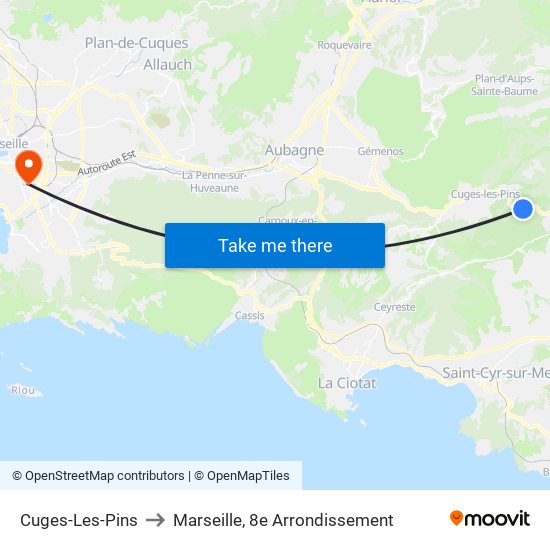 Cuges-Les-Pins to Marseille, 8e Arrondissement map