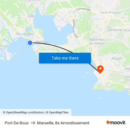 Port-De-Bouc to Marseille, 8e Arrondissement map