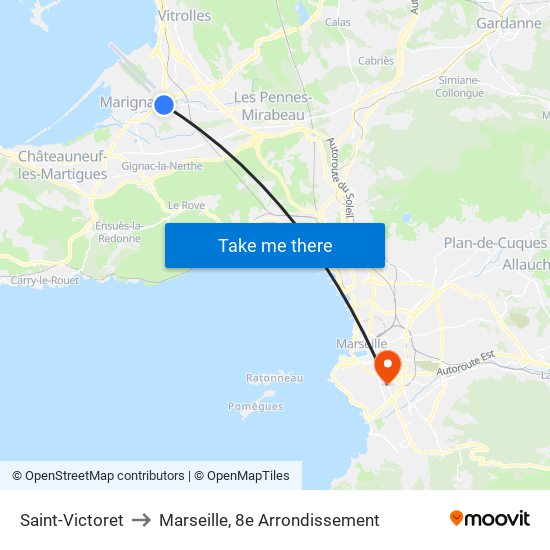 Saint-Victoret to Marseille, 8e Arrondissement map