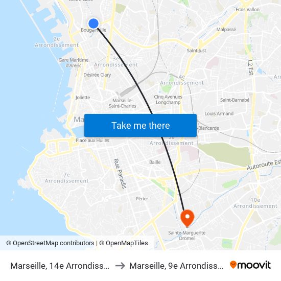 Marseille, 14e Arrondissement to Marseille, 9e Arrondissement map
