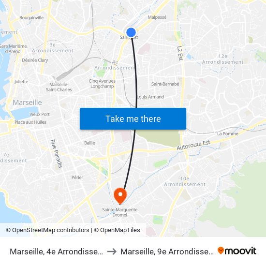 Marseille, 4e Arrondissement to Marseille, 9e Arrondissement map