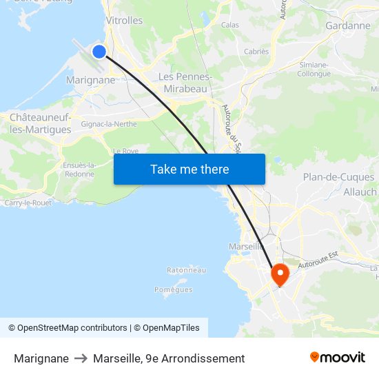 Marignane to Marseille, 9e Arrondissement map