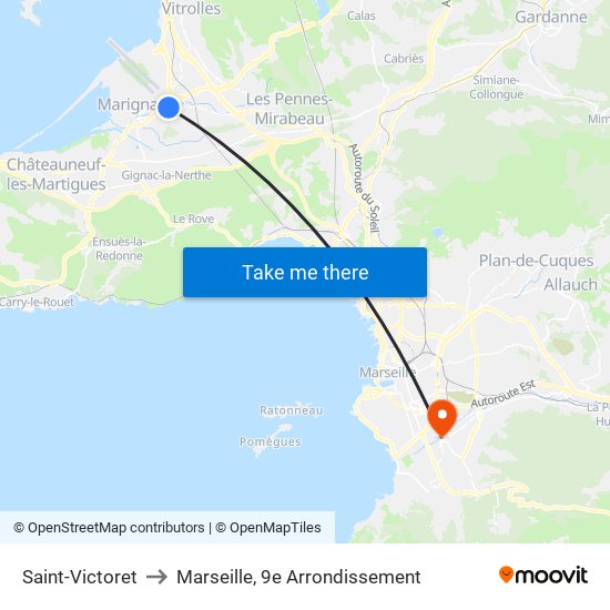 Saint-Victoret to Marseille, 9e Arrondissement map