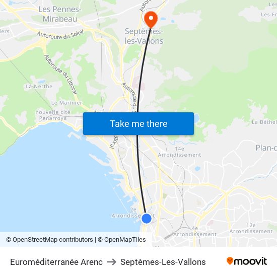 Euroméditerranée Arenc to Septèmes-Les-Vallons map