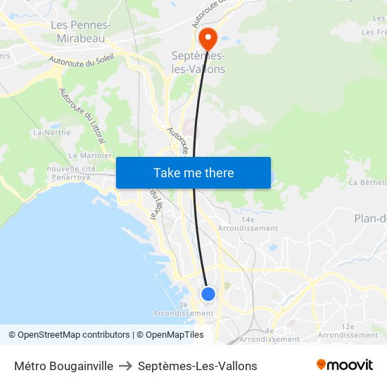 Métro Bougainville to Septèmes-Les-Vallons map