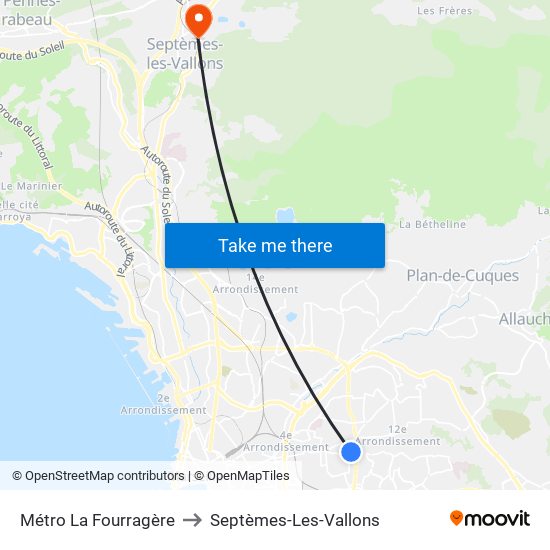 Métro La Fourragère to Septèmes-Les-Vallons map