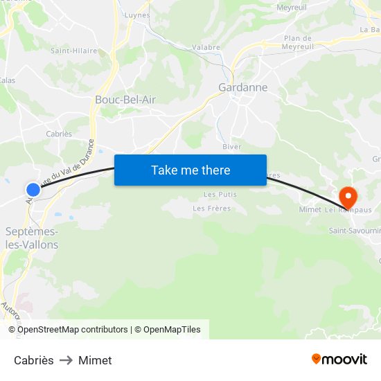 Cabriès to Mimet map