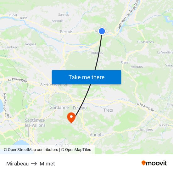 Mirabeau to Mimet map