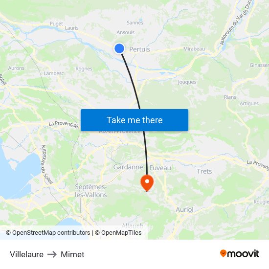 Villelaure to Mimet map