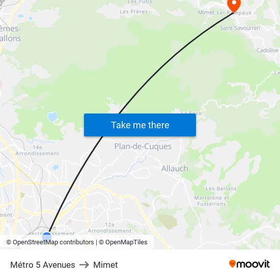 Métro 5 Avenues to Mimet map