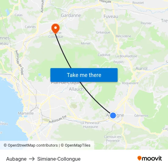 Aubagne to Simiane-Collongue map
