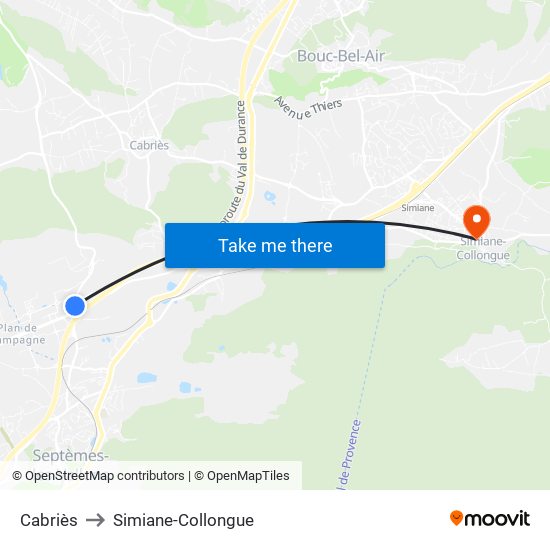 Cabriès to Simiane-Collongue map