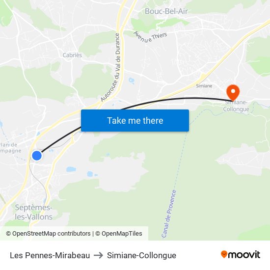 Les Pennes-Mirabeau to Simiane-Collongue map